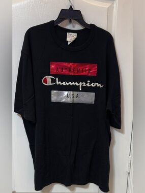 Champion Black Short-Sleeve Tee with Red & Silver Logo Panels 3XL New w/o tags